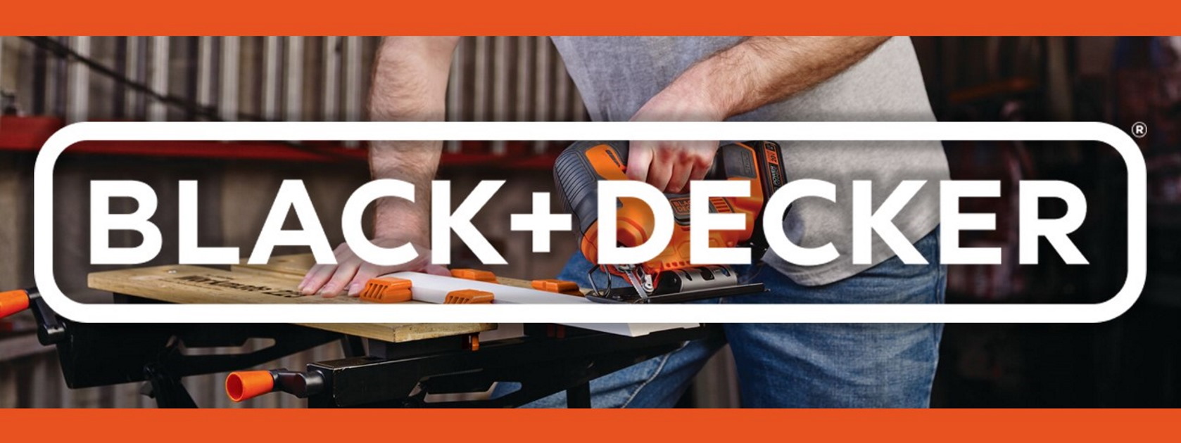 Man using B&D brand miter saw on workbench