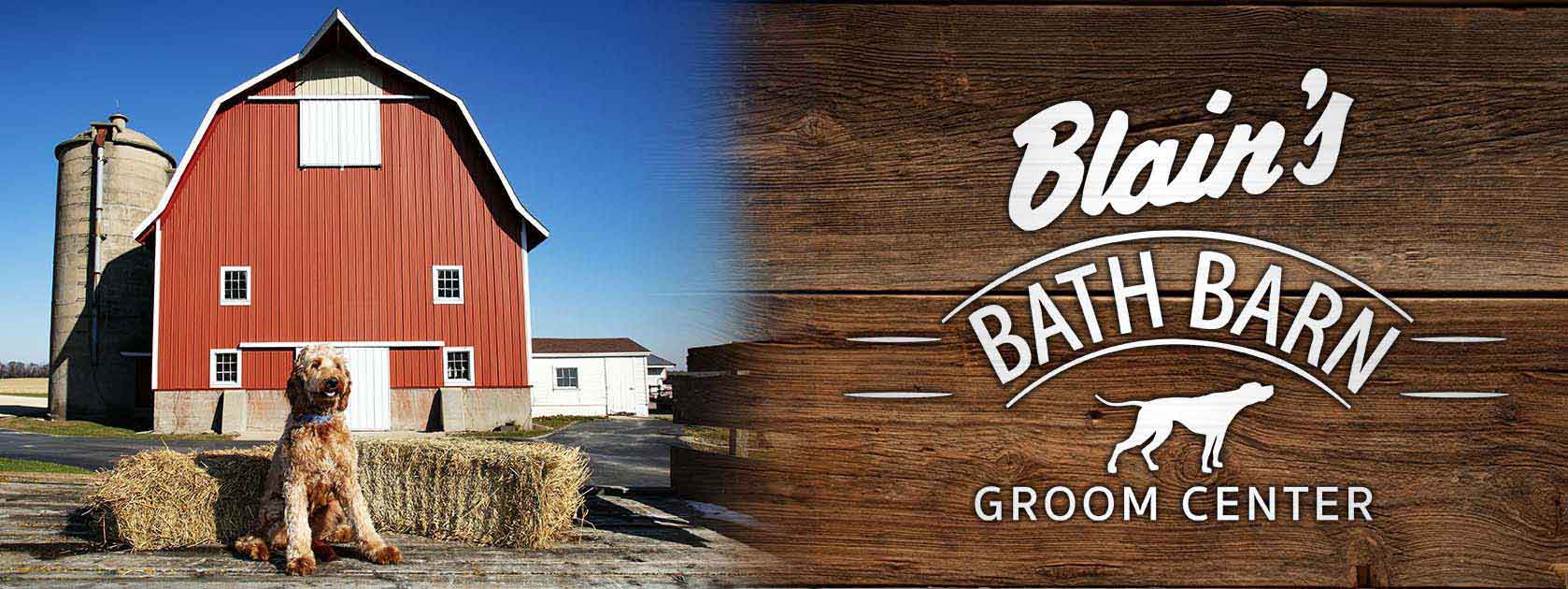 Dog seated in front of a barn with Bath Barn logo