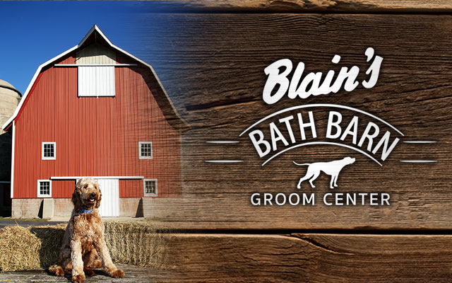 Dog seated in front of a barn with Bath Barn logo