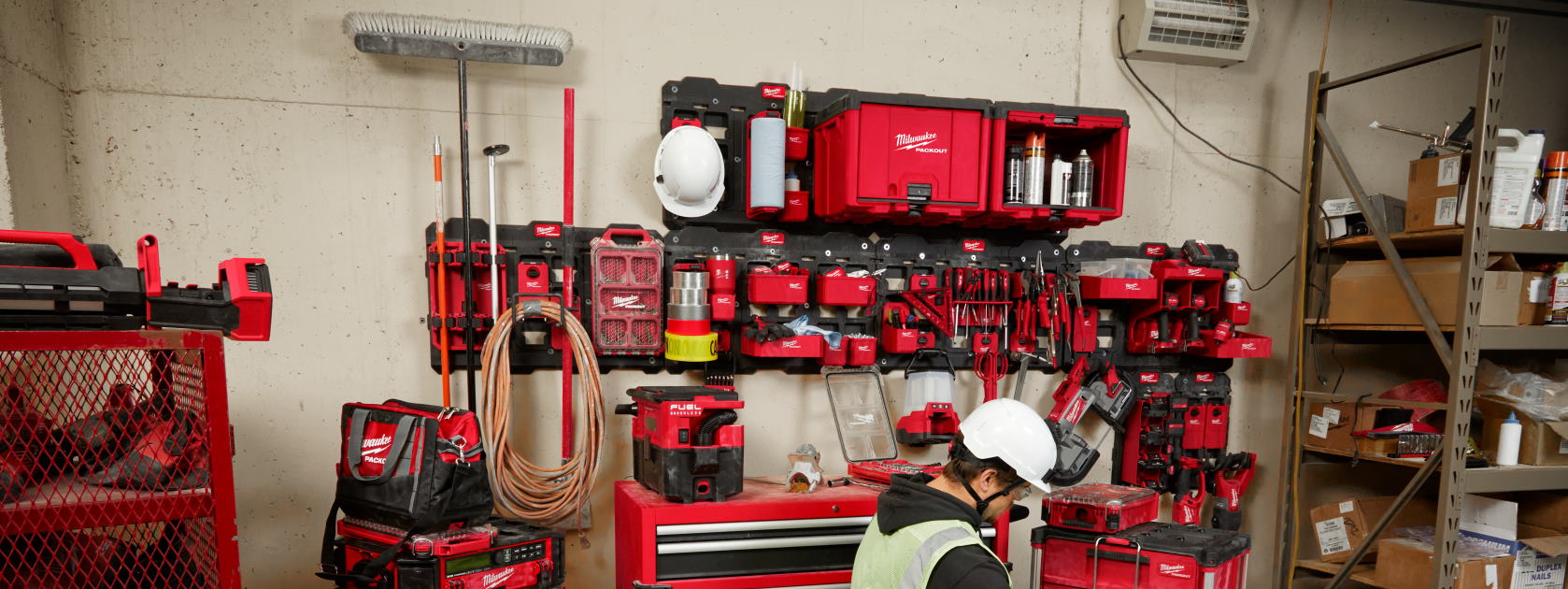 Workshop wall lined with Milwaukee storage solutions