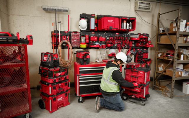 Workshop wall lined with Milwaukee storage solutions