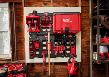 Various Milwaukee tools PACKOUT and storage accessories are used to keep a shop organized