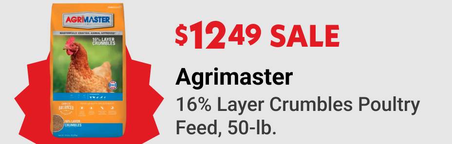 $12.49 SALE Agrimaster 16% Layer Crumbles Poultry Feed, 50-lb.