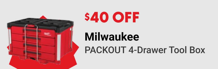 $40 OFF Milwaukee PACKOUT 4-Drawer Tool Box