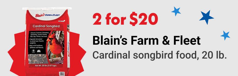 2 for $20 Blain's Farm & Fleet Cardinal songbird food, 20 lb.