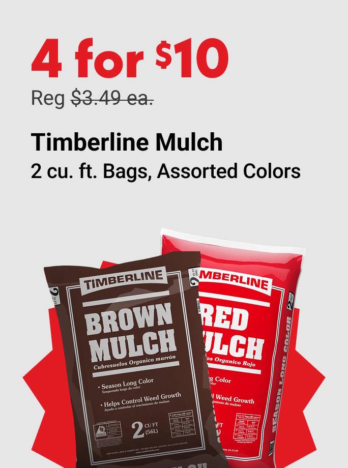 4 for $10 (regular $3.49 each) Timberline Mulch 2 cu. ft Bags, Assorted Colors