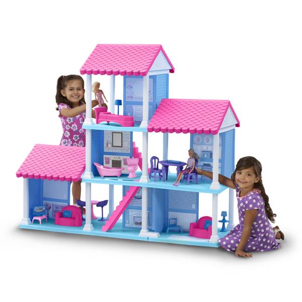 Bettina 39 Large Plastic Dollhouse with 3 Dolls Big Playhouse Set with Furniture Pink 