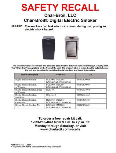 Product Recall Char Broil Digital Electric Smoker Blain s Farm